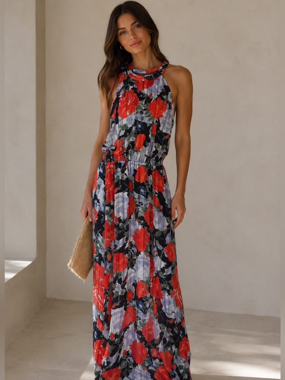 Red Floral Halter Maxi Dress with Tie-Neck